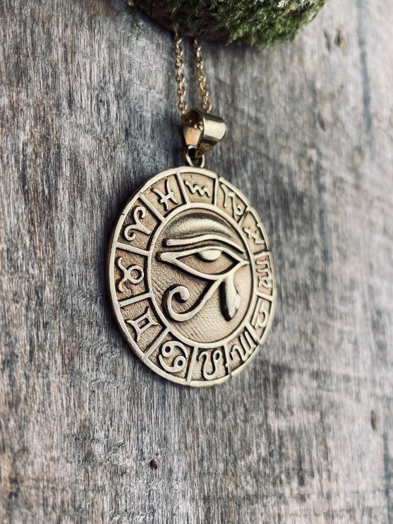 Eye of Horus Gold Necklace Large Pendant / Brass / Stainless Steel Chain / Ancient Egypt / Ra / Hieroglyphics / Ethnic / Boho / Bohemian