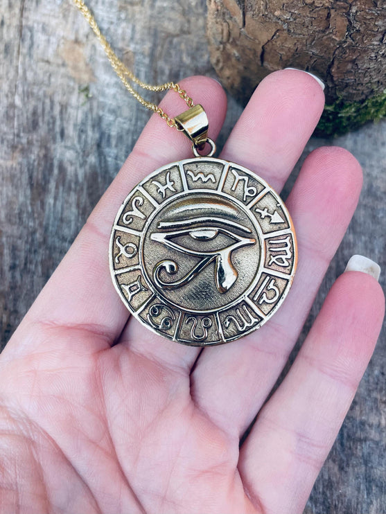 Eye of Horus Gold Necklace Large Pendant / Brass / Stainless Steel Chain / Ancient Egypt / Ra / Hieroglyphics / Ethnic / Boho / Bohemian