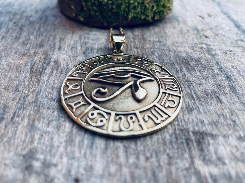 Eye of Horus Gold Necklace Large Pendant / Brass / Stainless Steel Chain / Ancient Egypt / Ra / Hieroglyphics / Ethnic / Boho / Bohemian