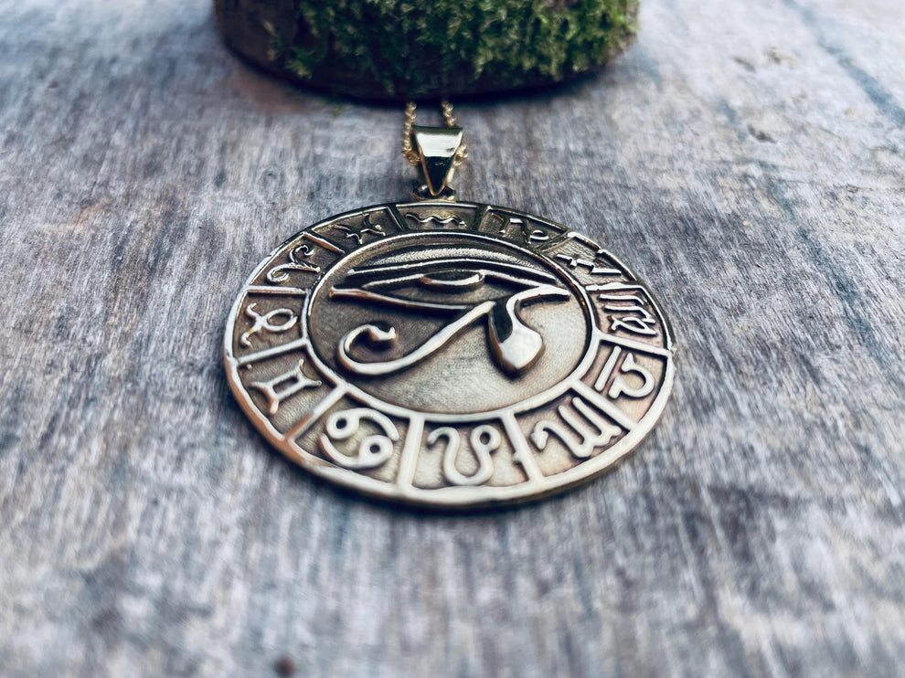 Eye of Horus Gold Necklace Large Pendant / Brass / Stainless Steel Chain / Ancient Egypt / Ra / Hieroglyphics / Ethnic / Boho / Bohemian