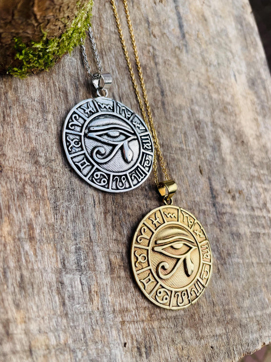 Eye of Horus Gold Necklace Large Pendant / Brass / Stainless Steel Chain / Ancient Egypt / Ra / Hieroglyphics / Ethnic / Boho / Bohemian