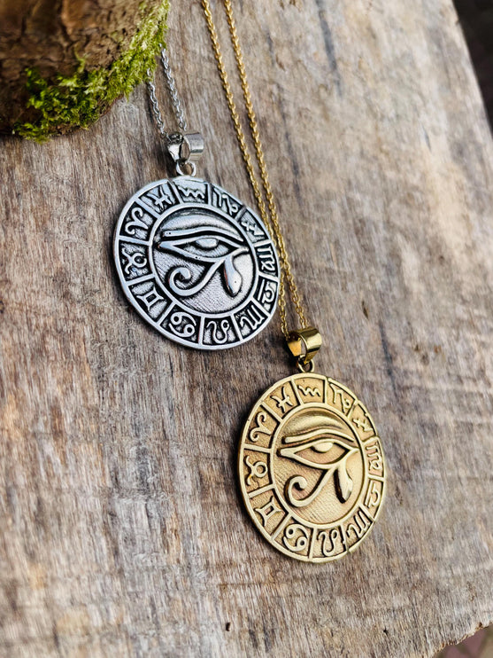 Eye of Horus Silver Necklace Large Pendant / Stainless Steel Chain / Ancient Egypt / Ra / Hieroglyphics / Ethnic / Boho / Bohemian