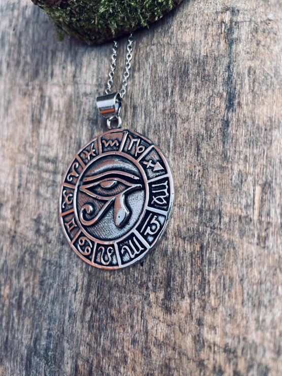 Eye of Horus Silver Necklace Large Pendant / Stainless Steel Chain / Ancient Egypt / Ra / Hieroglyphics / Ethnic / Boho / Bohemian