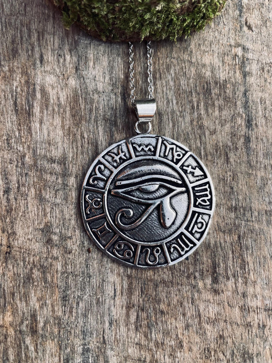 Eye of Horus Silver Necklace Large Pendant / Stainless Steel Chain / Ancient Egypt / Ra / Hieroglyphics / Ethnic / Boho / Bohemian