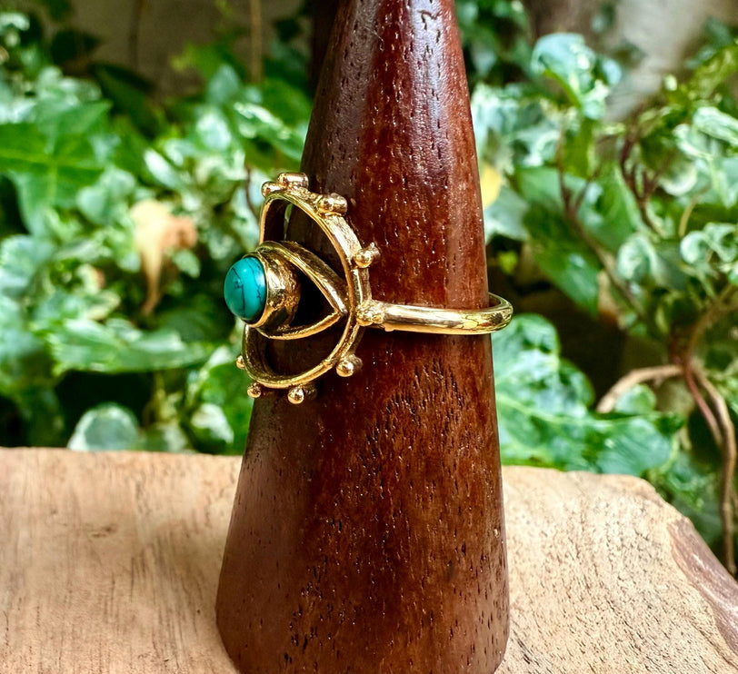 Brass Eye Turquoise Ring / Unique Gemstone Ring / Unisex Ring / Illuminati / Third Eye / Boho / Ethnic / Rustic / Gypsy / Psy / Gift for Her