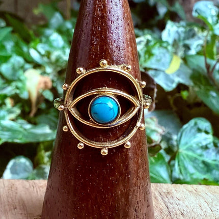 Brass Eye Turquoise Ring / Unique Gemstone Ring / Unisex Ring / Illuminati / Third Eye / Boho / Ethnic / Rustic / Gypsy / Psy / Gift for Her