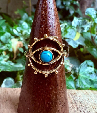 Brass Eye Turquoise Ring / Unique Gemstone Ring / Unisex Ring / Illuminati / Third Eye / Boho / Ethnic / Rustic / Gypsy / Psy / Gift for Her