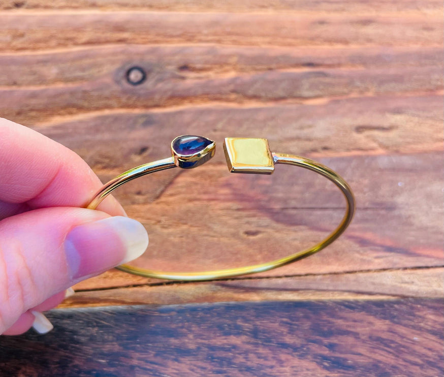 Gold Bracelet Amethyst Brass / Modern Bangle / Minimalist / Ethnic / Rustic / Bohemian / Hippie / Body / Adjustable / Gift For Her /