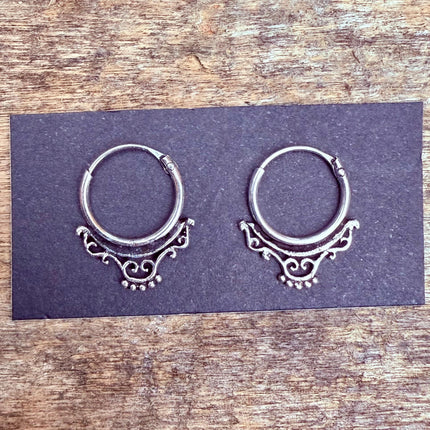 Arabesque Sterling Silver Hoop Earrings / Mini / Clicker Jewellery / Small Hoops / Rustic / Yoga / Hippie / Boho / Bohemian / Unisex