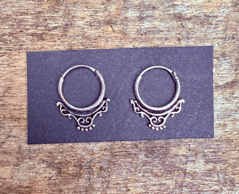 Arabesque Sterling Silver Hoop Earrings / Mini / Clicker Jewellery / Small Hoops / Rustic / Yoga / Hippie / Boho / Bohemian / Unisex