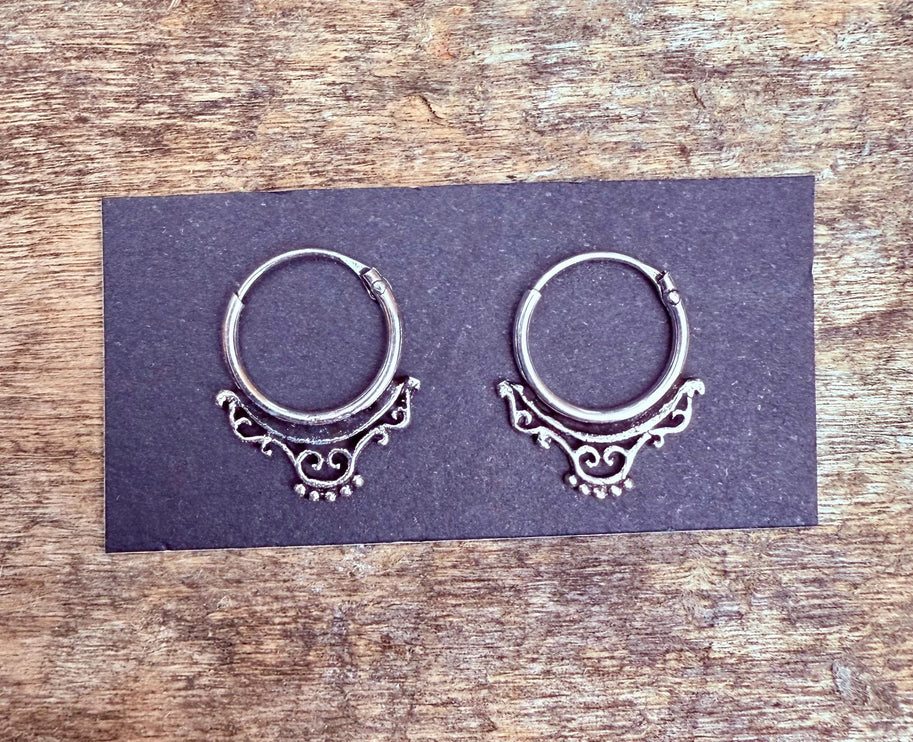 Arabesque Sterling Silver Hoop Earrings / Mini / Clicker Jewellery / Small Hoops / Rustic / Yoga / Hippie / Boho / Bohemian / Unisex