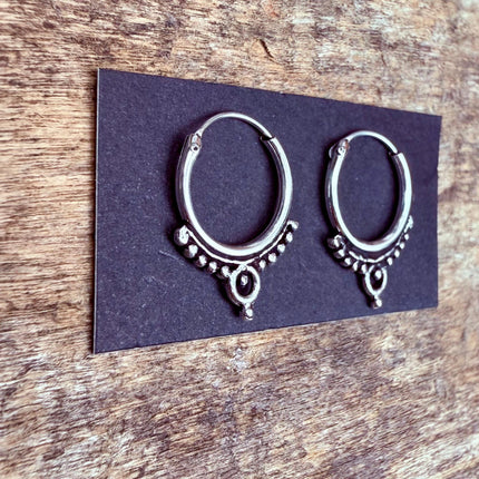 Ornate Tibetan Hoops Sterling Silver Earrings / Mini / Clicker Jewellery / Small Hoops / Rustic / Yoga / Hippie / Boho / Bohemian / Unisex