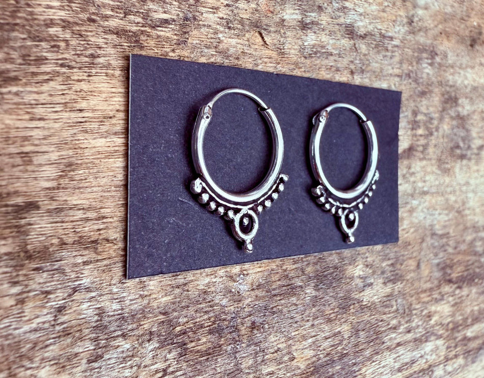 Ornate Tibetan Hoops Sterling Silver Earrings / Mini / Clicker Jewellery / Small Hoops / Rustic / Yoga / Hippie / Boho / Bohemian / Unisex