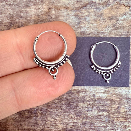 Ornate Tibetan Hoops Sterling Silver Earrings / Mini / Clicker Jewellery / Small Hoops / Rustic / Yoga / Hippie / Boho / Bohemian / Unisex