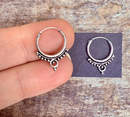 Ornate Tibetan Hoops Sterling Silver Earrings / Mini / Clicker Jewellery / Small Hoops / Rustic / Yoga / Hippie / Boho / Bohemian / Unisex