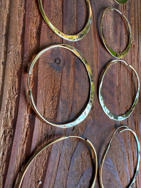 Rustic Gold Hoops / Hammered Flat / Brass Hoops / Ethnic Boho Classic XL Bohemian Chic Gold Gypsy Spiral Hippie Hiphop Festival