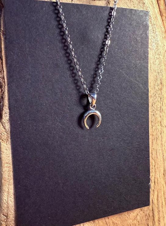 Sterling Silver Moon Necklace Crescent Moon / Stainless Steel Chain / Hypoallergenic / Silver / Boho / Hippie / Rustic / Ethnic /