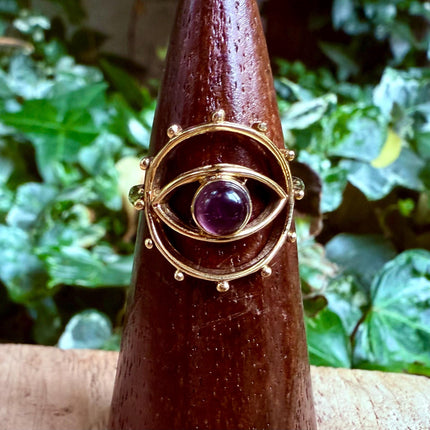 Brass Eye Amethyst Ring / Unique Gemstone Ring / Unisex Ring / Illuminati / Third Eye / Boho / Ethnic / Rustic / Gypsy / Psy / Gift for Her