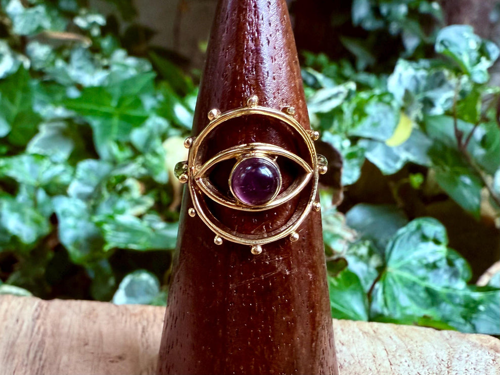 Brass Eye Amethyst Ring / Unique Gemstone Ring / Unisex Ring / Illuminati / Third Eye / Boho / Ethnic / Rustic / Gypsy / Psy / Gift for Her