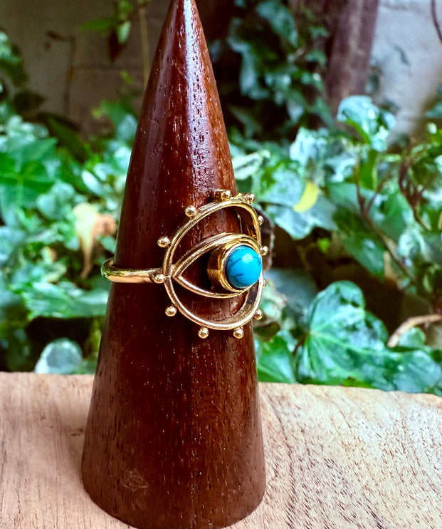 Brass Eye Turquoise Ring / Unique Gemstone Ring / Unisex Ring / Illuminati / Third Eye / Boho / Ethnic / Rustic / Gypsy / Psy / Gift for Her