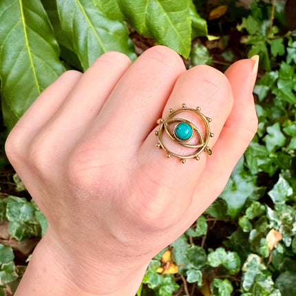 Brass Eye Turquoise Ring / Unique Gemstone Ring / Unisex Ring / Illuminati / Third Eye / Boho / Ethnic / Rustic / Gypsy / Psy / Gift for Her