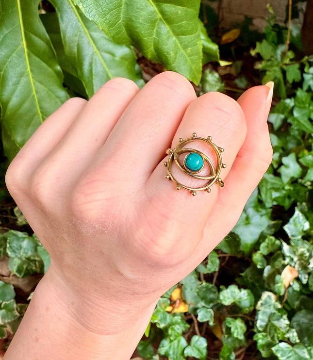 Brass Eye Turquoise Ring / Unique Gemstone Ring / Unisex Ring / Illuminati / Third Eye / Boho / Ethnic / Rustic / Gypsy / Psy / Gift for Her