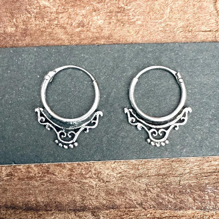 Arabesque Sterling Silver Hoop Earrings / Mini / Clicker Jewellery / Small Hoops / Rustic / Yoga / Hippie / Boho / Bohemian / Unisex