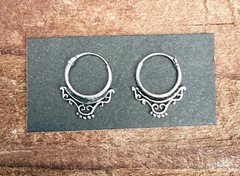 Arabesque Sterling Silver Hoop Earrings / Mini / Clicker Jewellery / Small Hoops / Rustic / Yoga / Hippie / Boho / Bohemian / Unisex