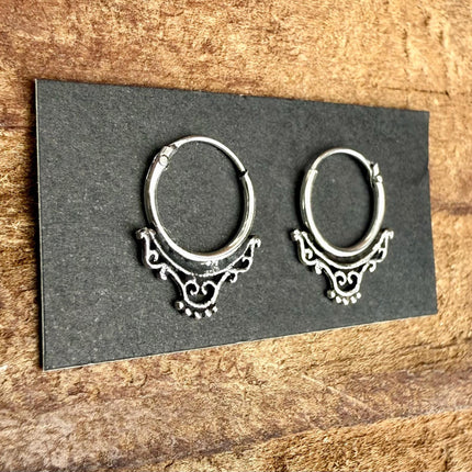 Arabesque Sterling Silver Hoop Earrings / Mini / Clicker Jewellery / Small Hoops / Rustic / Yoga / Hippie / Boho / Bohemian / Unisex