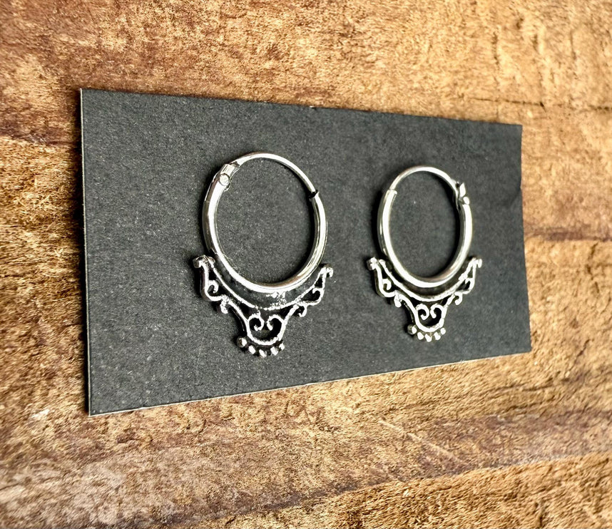 Arabesque Sterling Silver Hoop Earrings / Mini / Clicker Jewellery / Small Hoops / Rustic / Yoga / Hippie / Boho / Bohemian / Unisex