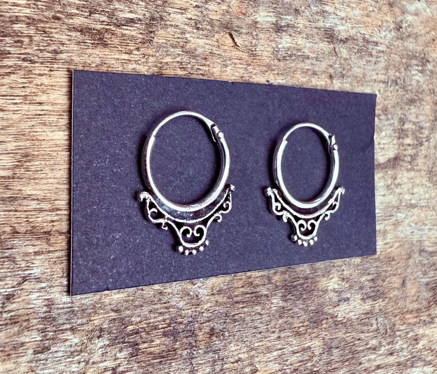 Arabesque Sterling Silver Hoop Earrings / Mini / Clicker Jewellery / Small Hoops / Rustic / Yoga / Hippie / Boho / Bohemian / Unisex