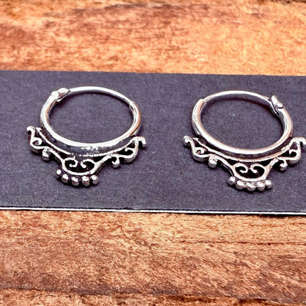 Arabesque Sterling Silver Hoop Earrings / Mini / Clicker Jewellery / Small Hoops / Rustic / Yoga / Hippie / Boho / Bohemian / Unisex