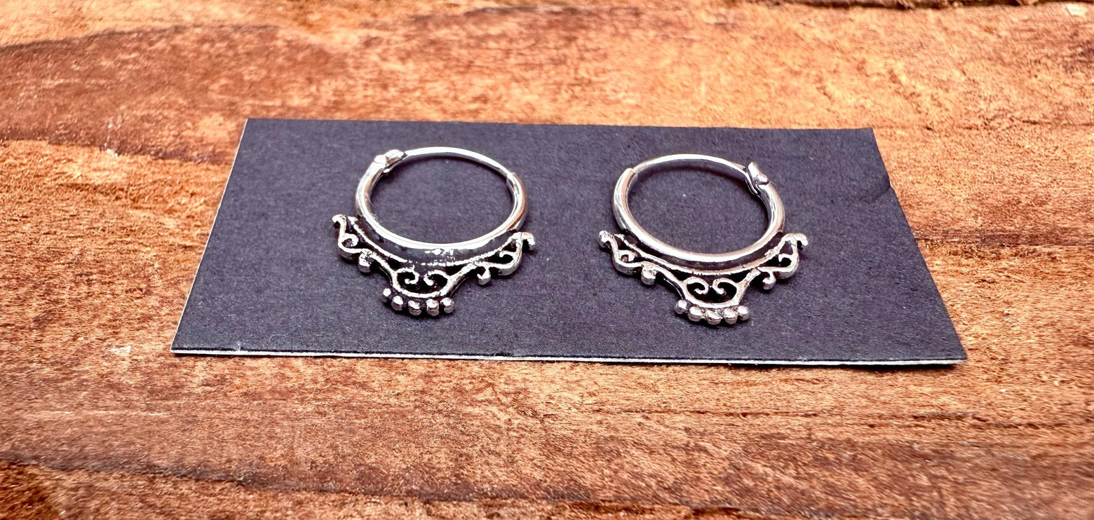 Arabesque Sterling Silver Hoop Earrings / Mini / Clicker Jewellery / Small Hoops / Rustic / Yoga / Hippie / Boho / Bohemian / Unisex