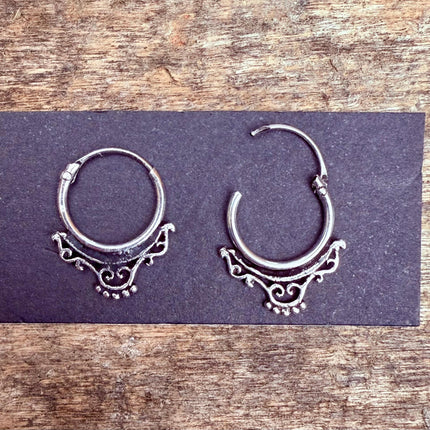 Arabesque Sterling Silver Hoop Earrings / Mini / Clicker Jewellery / Small Hoops / Rustic / Yoga / Hippie / Boho / Bohemian / Unisex