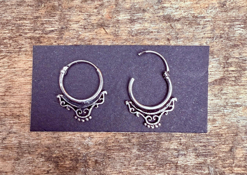 Arabesque Sterling Silver Hoop Earrings / Mini / Clicker Jewellery / Small Hoops / Rustic / Yoga / Hippie / Boho / Bohemian / Unisex