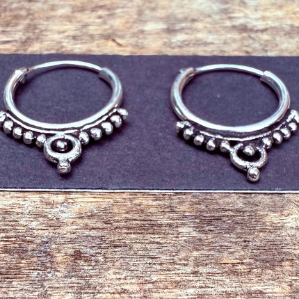 Ornate Tibetan Hoops Sterling Silver Earrings / Mini / Clicker Jewellery / Small Hoops / Rustic / Yoga / Hippie / Boho / Bohemian / Unisex