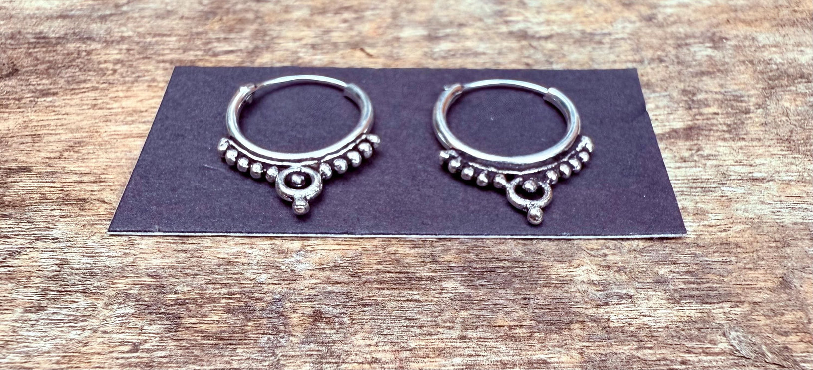 Ornate Tibetan Hoops Sterling Silver Earrings / Mini / Clicker Jewellery / Small Hoops / Rustic / Yoga / Hippie / Boho / Bohemian / Unisex