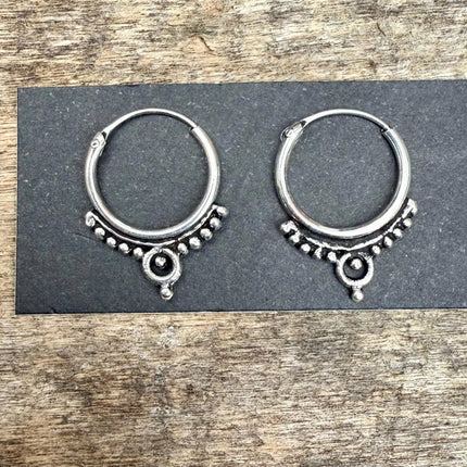 Ornate Tibetan Hoops Sterling Silver Earrings / Mini / Clicker Jewellery / Small Hoops / Rustic / Yoga / Hippie / Boho / Bohemian / Unisex