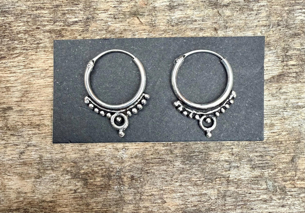 Ornate Tibetan Hoops Sterling Silver Earrings / Mini / Clicker Jewellery / Small Hoops / Rustic / Yoga / Hippie / Boho / Bohemian / Unisex