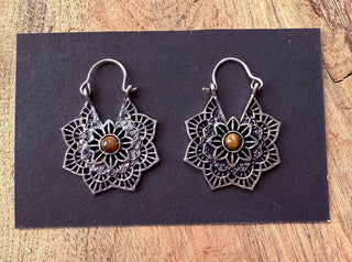 Tiger's Eye Gold Earrings Small Boho Hoops / Mandala Shape / Ethnic / Rustic / Yoga / Hippie / Boho Jewellery / Bohemian / Festival