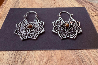 Tiger's Eye Gold Earrings Small Boho Hoops / Mandala Shape / Ethnic / Rustic / Yoga / Hippie / Boho Jewellery / Bohemian / Festival