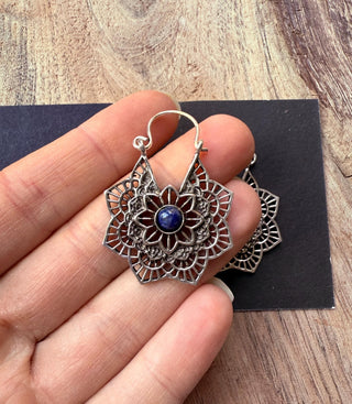 Lapis Lazuli Boho Earrings Silver Earrings / Mandala Star Shape / Ethnic / Rustic / Yoga / Hippie / Gypsy / Psy / Bohemian / Festival