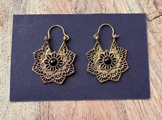 Boho Hoops Black Onyx Brass Earrings / Small Earrings / Mandala / Ethnic / Rustic / Yoga / Hippie / Gypsy / Psy / Bohemian / Festival