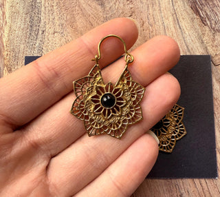 Boho Hoops Black Onyx Brass Earrings / Small Earrings / Mandala / Ethnic / Rustic / Yoga / Hippie / Gypsy / Psy / Bohemian / Festival