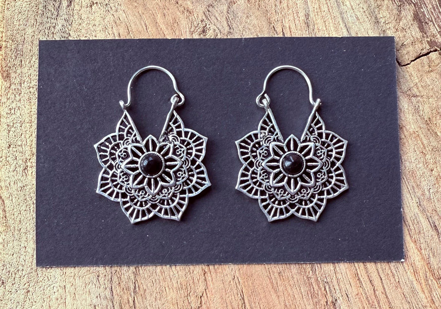 Boho Hoops Black Onyx Silver Earrings / Small Earrings / Mandala / Ethnic / Rustic / Yoga / Hippie / Gypsy / Psy / Bohemian / Festival