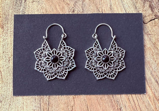Boho Hoops Black Onyx Silver Earrings / Small Earrings / Mandala / Ethnic / Rustic / Yoga / Hippie / Gypsy / Psy / Bohemian / Festival