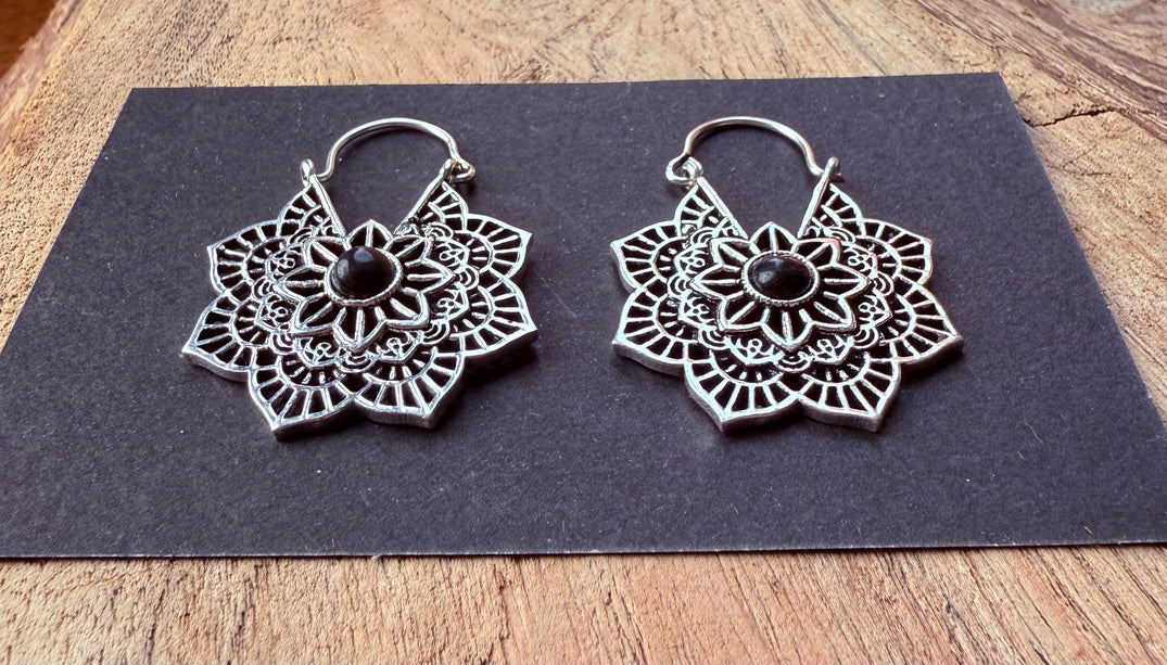 Boho Hoops Black Onyx Silver Earrings / Small Earrings / Mandala / Ethnic / Rustic / Yoga / Hippie / Gypsy / Psy / Bohemian / Festival