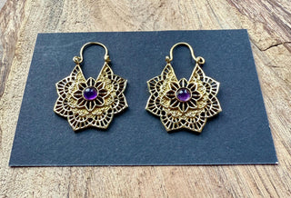 Small Boho Hoops Amethyst Brass Earrings / Mandala Shape / Ethnic / Rustic / Yoga / Hippie / Boho Jewellery / Bohemian / Festival