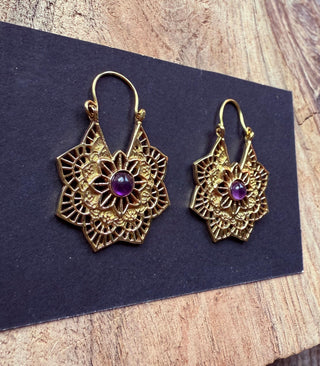 Small Boho Hoops Amethyst Brass Earrings / Mandala Shape / Ethnic / Rustic / Yoga / Hippie / Boho Jewellery / Bohemian / Festival