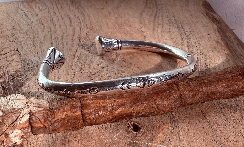 Silver Bracelet Tribal Symbols Native Markings / Bangle / Cuff / Unisex / Boho / Ethnic / Rustic / Bohemian / Costume Fashion Jewelery /